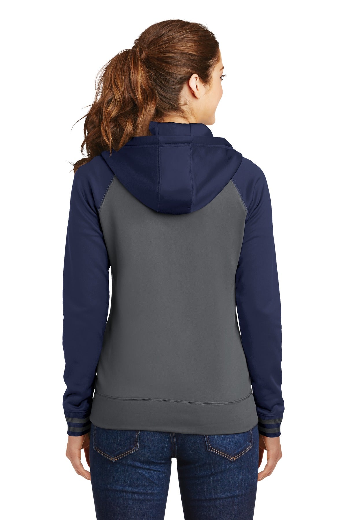 Dk Smk Gry/Nvy Sport-Tek Women's Sport-Wick Varsity Fleece Full-Zip Hooded Jacket. LST236