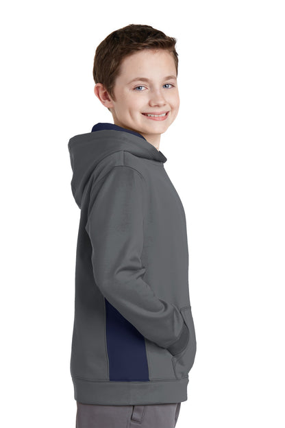 Dk Smk Gry/Nvy Sport-Tek Youth Sport-Wick Fleece Colorblock Hooded Pullover. YST235