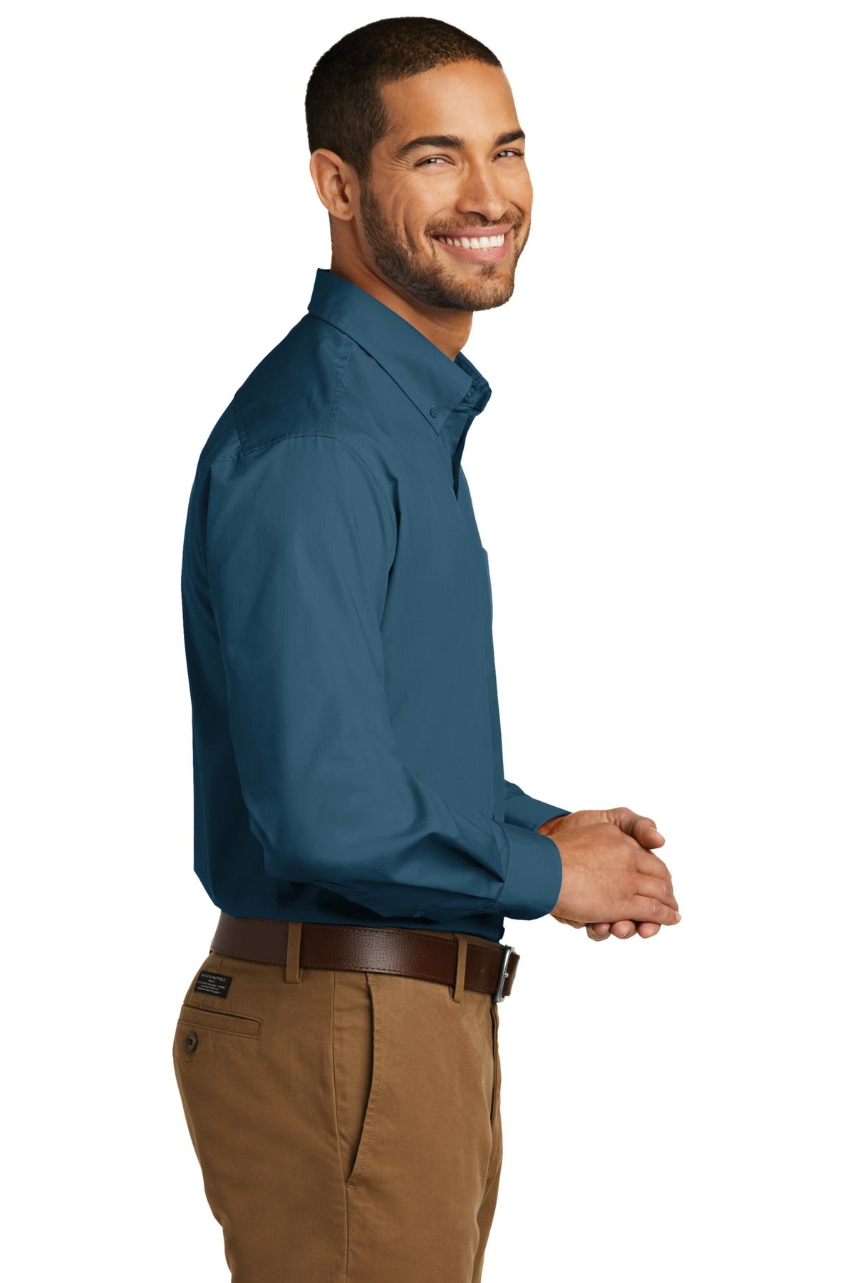 Dusty Blue Port Authority Long Sleeve Carefree Poplin Shirt. W100