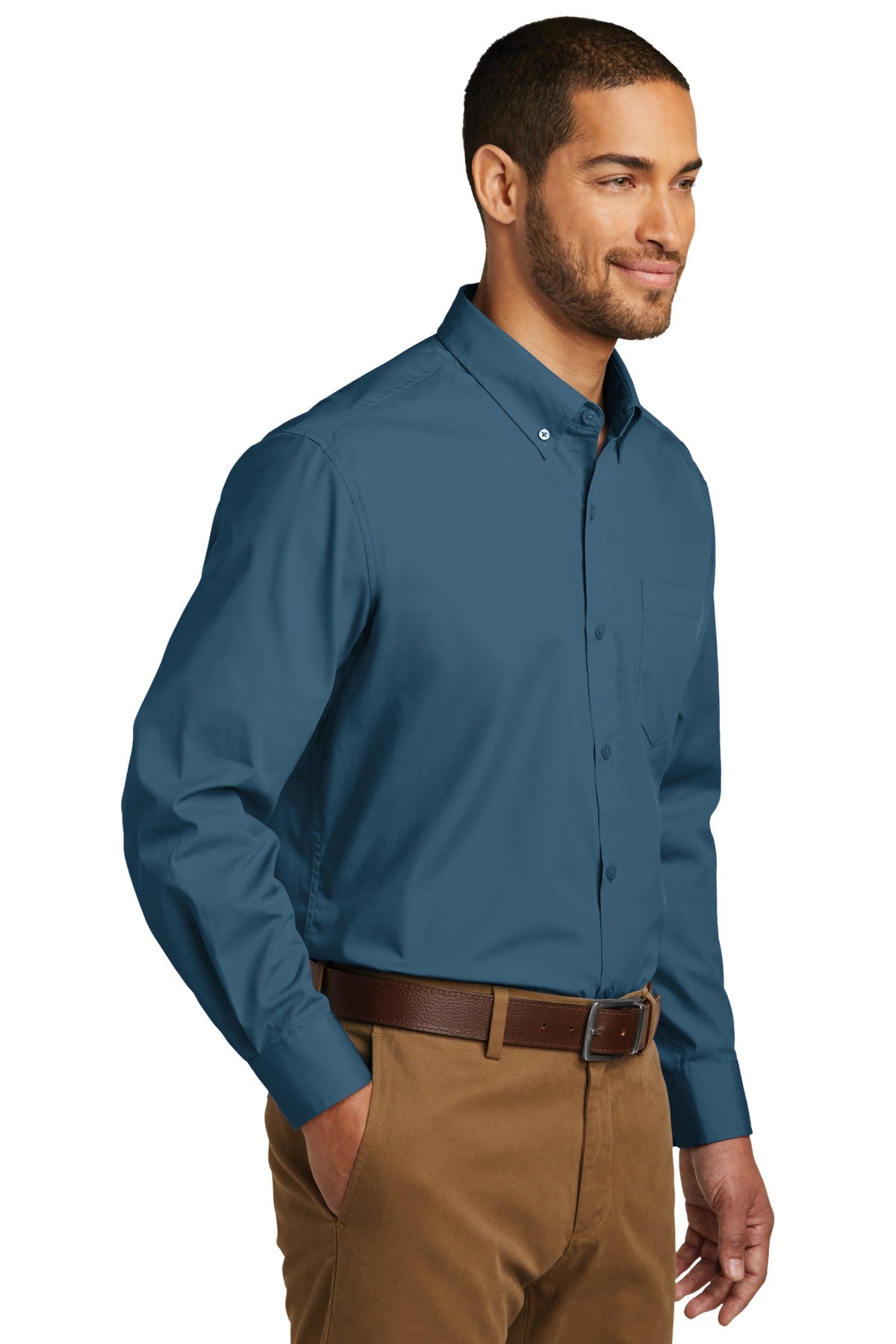 Dusty Blue Port Authority Long Sleeve Carefree Poplin Shirt. W100