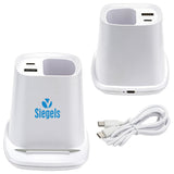 White Annex Wireless Charging Stand with Dual Ports & Pen Holder