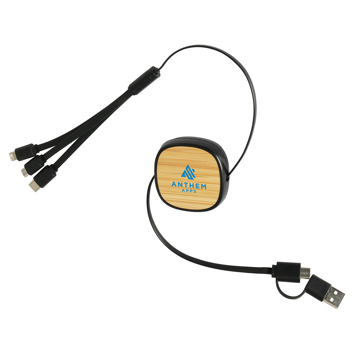 Bamboo/Black Bamboo Retractable 3-in-1 Charging Cable with Dual Inputs