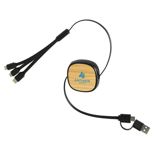 Bamboo/Black Bamboo Retractable 3-in-1 Charging Cable with Dual Inputs
