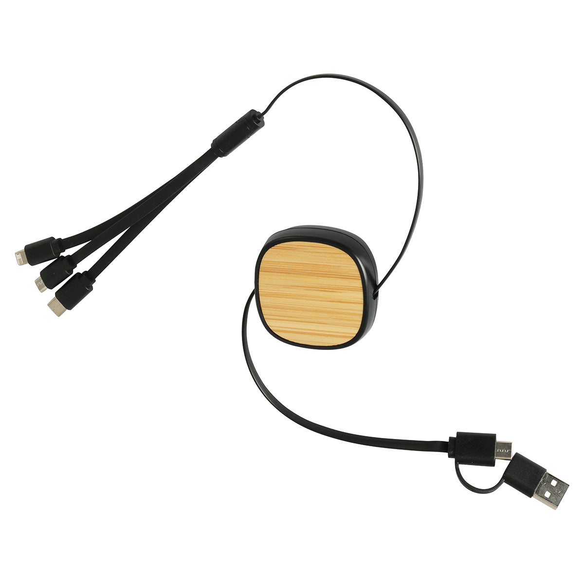 Bamboo/Black Bamboo Retractable 3-in-1 Charging Cable with Dual Inputs