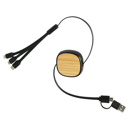 Bamboo/Black Bamboo Retractable 3-in-1 Charging Cable with Dual Inputs