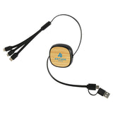 Bamboo/Black Bamboo Retractable 3-in-1 Charging Cable with Dual Inputs