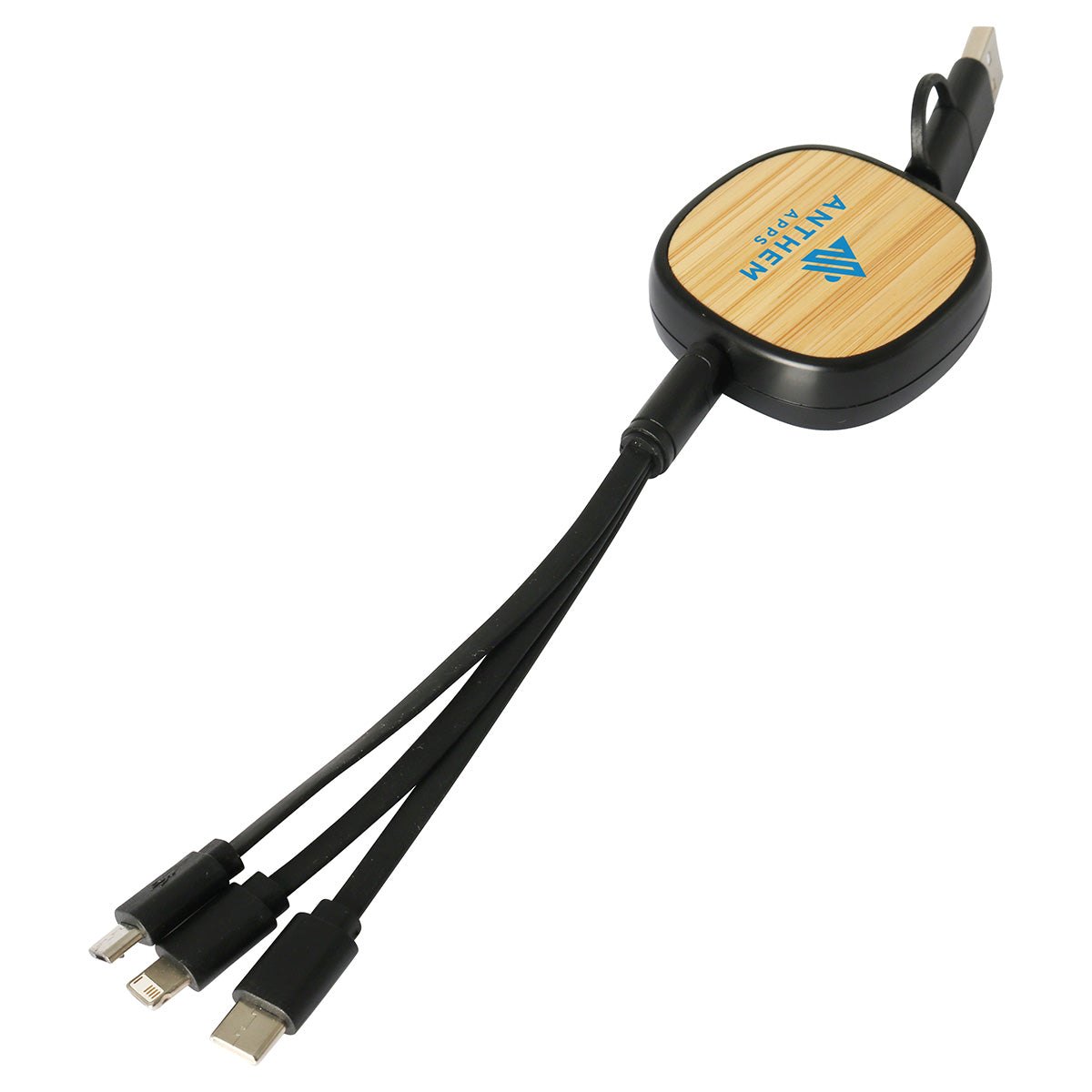 Bamboo/Black Bamboo Retractable 3-in-1 Charging Cable with Dual Inputs