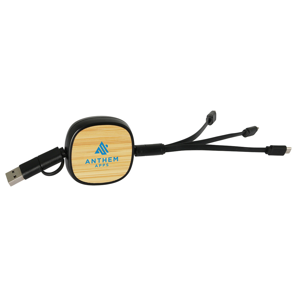 Bamboo/Black Bamboo Retractable 3-in-1 Charging Cable with Dual Inputs