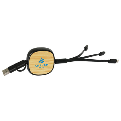 Bamboo/Black Bamboo Retractable 3-in-1 Charging Cable with Dual Inputs