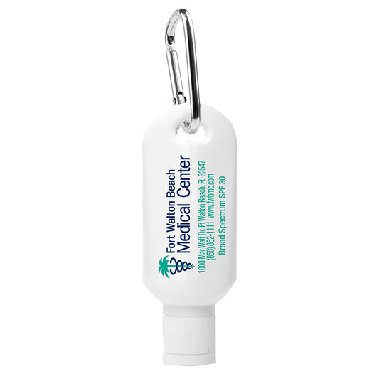 “Sunny Day” 1 oz Broad Spectrum SPF 30 Sunscreen Lotion in Solid White Carabiner Tottle