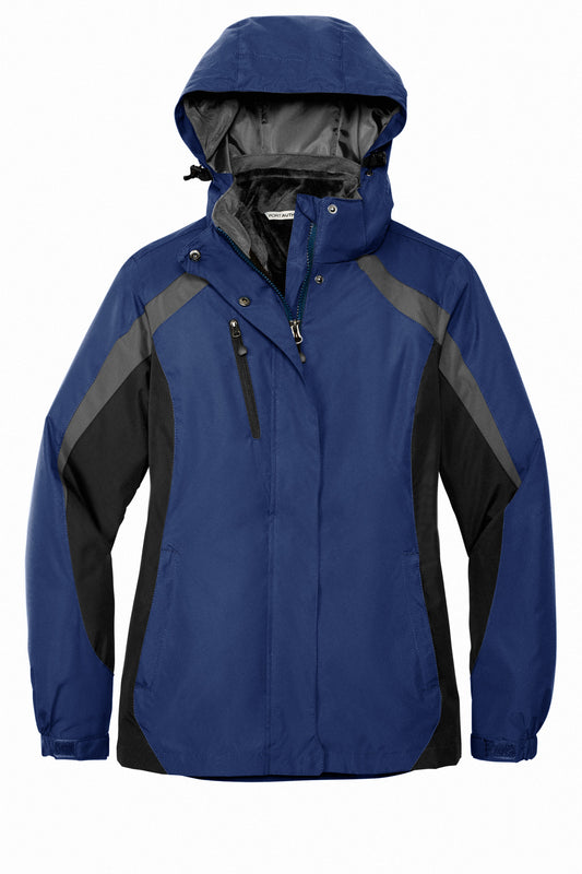 Front View of Ad Blu/Blk/Gry Port Authority Women's Colorblock 3-in-1 Jacket. L321
