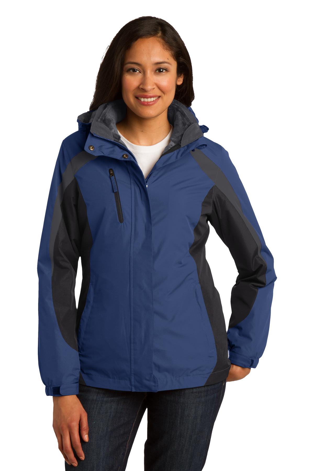 Front View of Ad Blu/Blk/Gry Port Authority Women's Colorblock 3-in-1 Jacket. L321