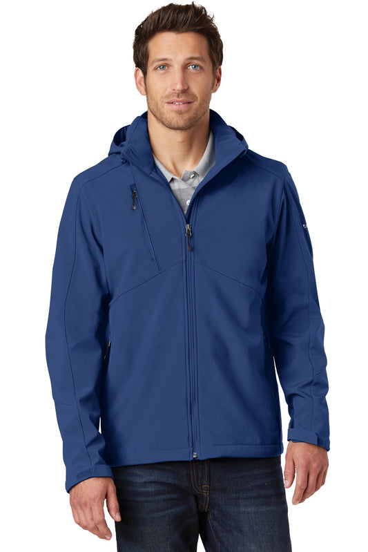Front View of Admiral Blue Eddie Bauer Hooded Soft Shell Parka. EB536