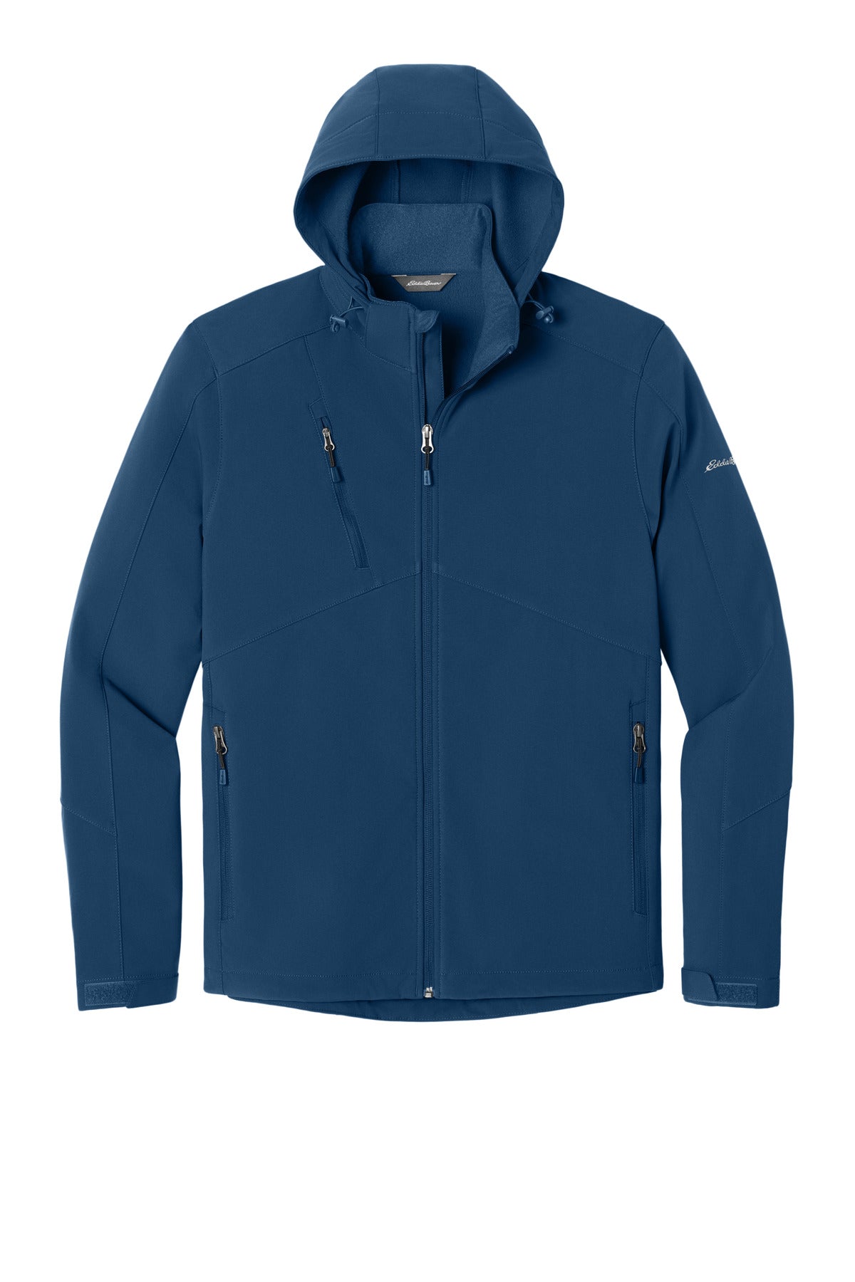 Front View of Admiral Blue Eddie Bauer Hooded Soft Shell Parka. EB536