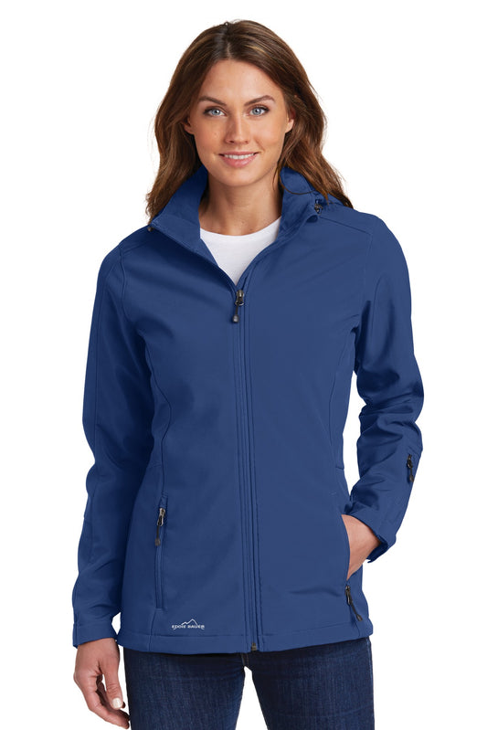 Front View of Admiral Blue Eddie Bauer Women's Hooded Soft Shell Parka. EB537