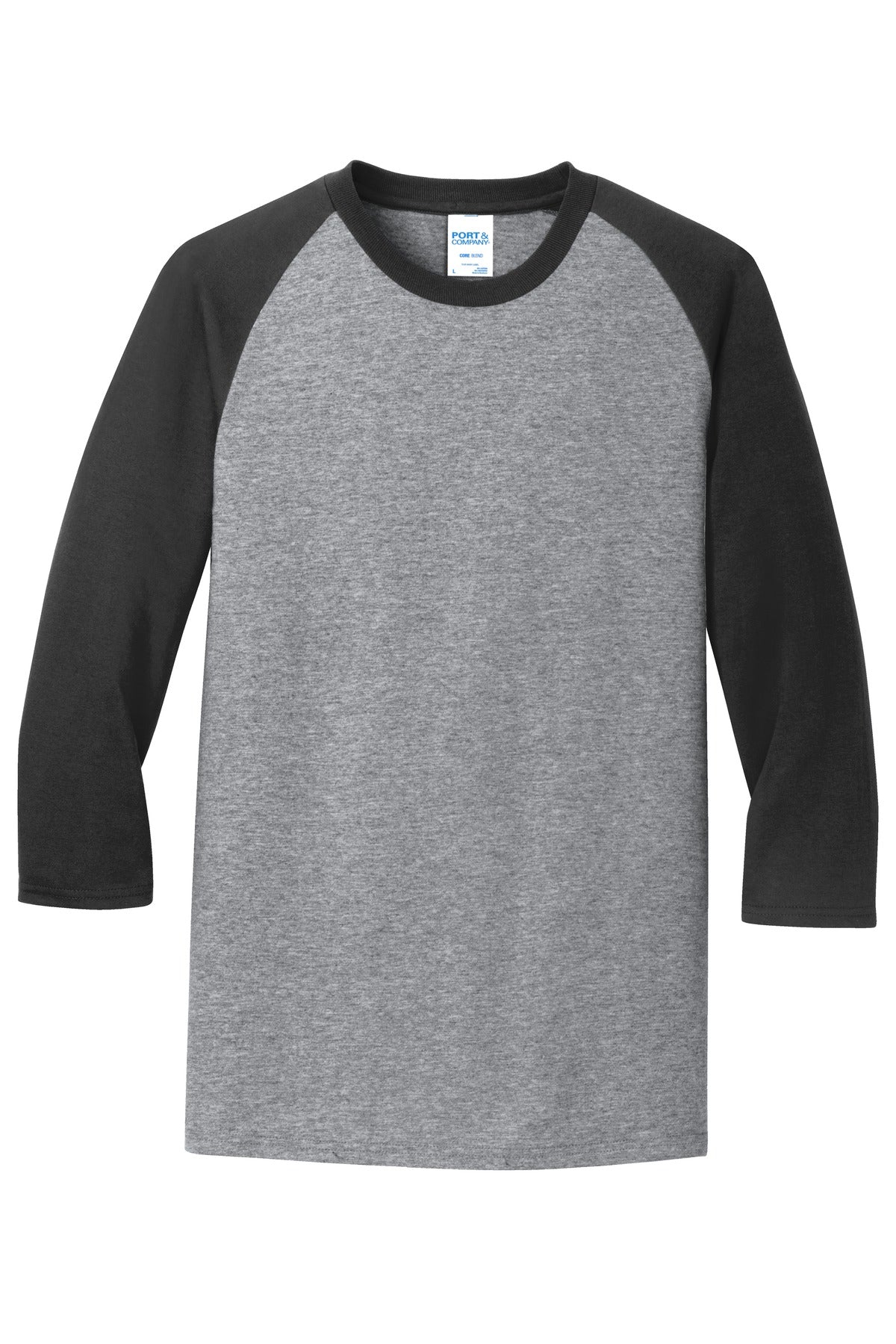 Front View of AH/Jet Black Port & Company Core Blend 3/4-Sleeve Raglan Tee. PC55RS