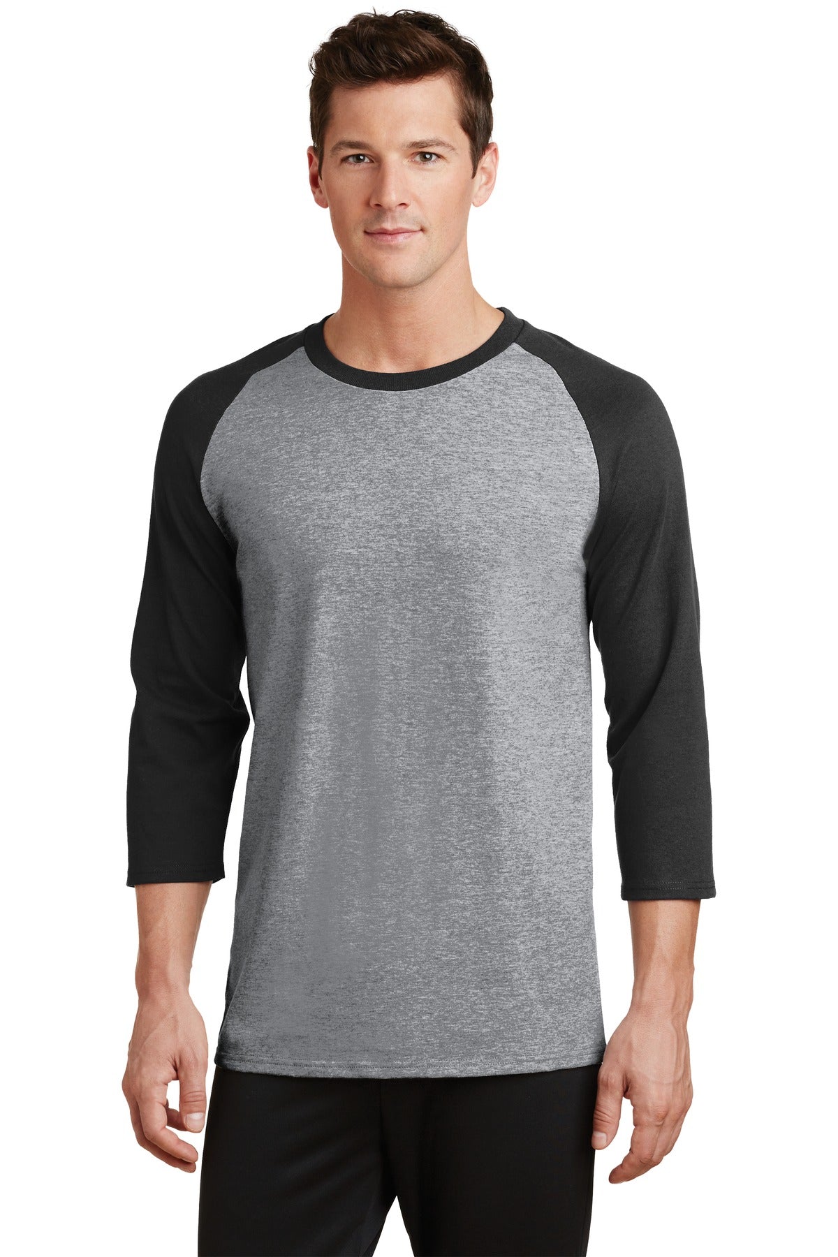 Front View of AH/Jet Black Port & Company Core Blend 3/4-Sleeve Raglan Tee. PC55RS