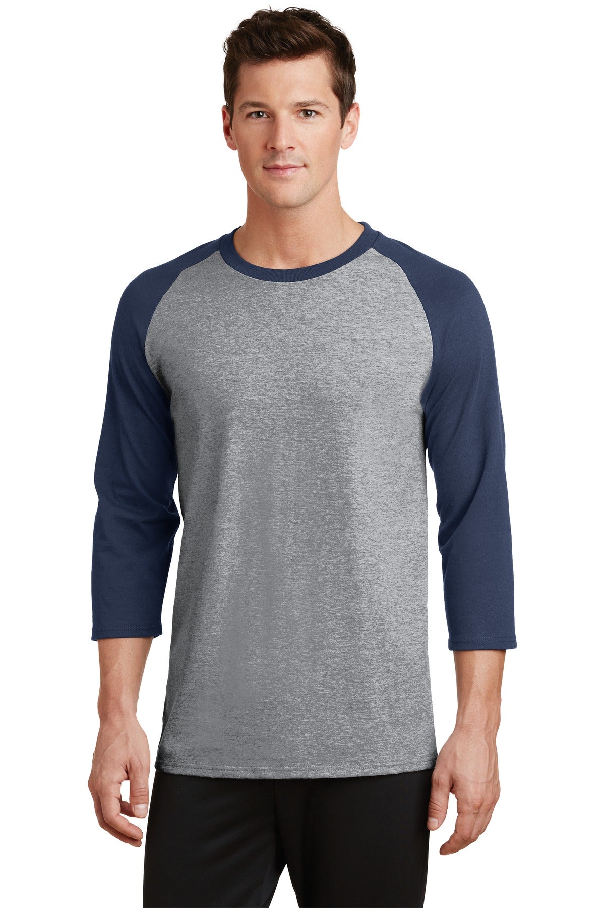 Front View of AH/Navy Port & Company Core Blend 3/4-Sleeve Raglan Tee. PC55RS