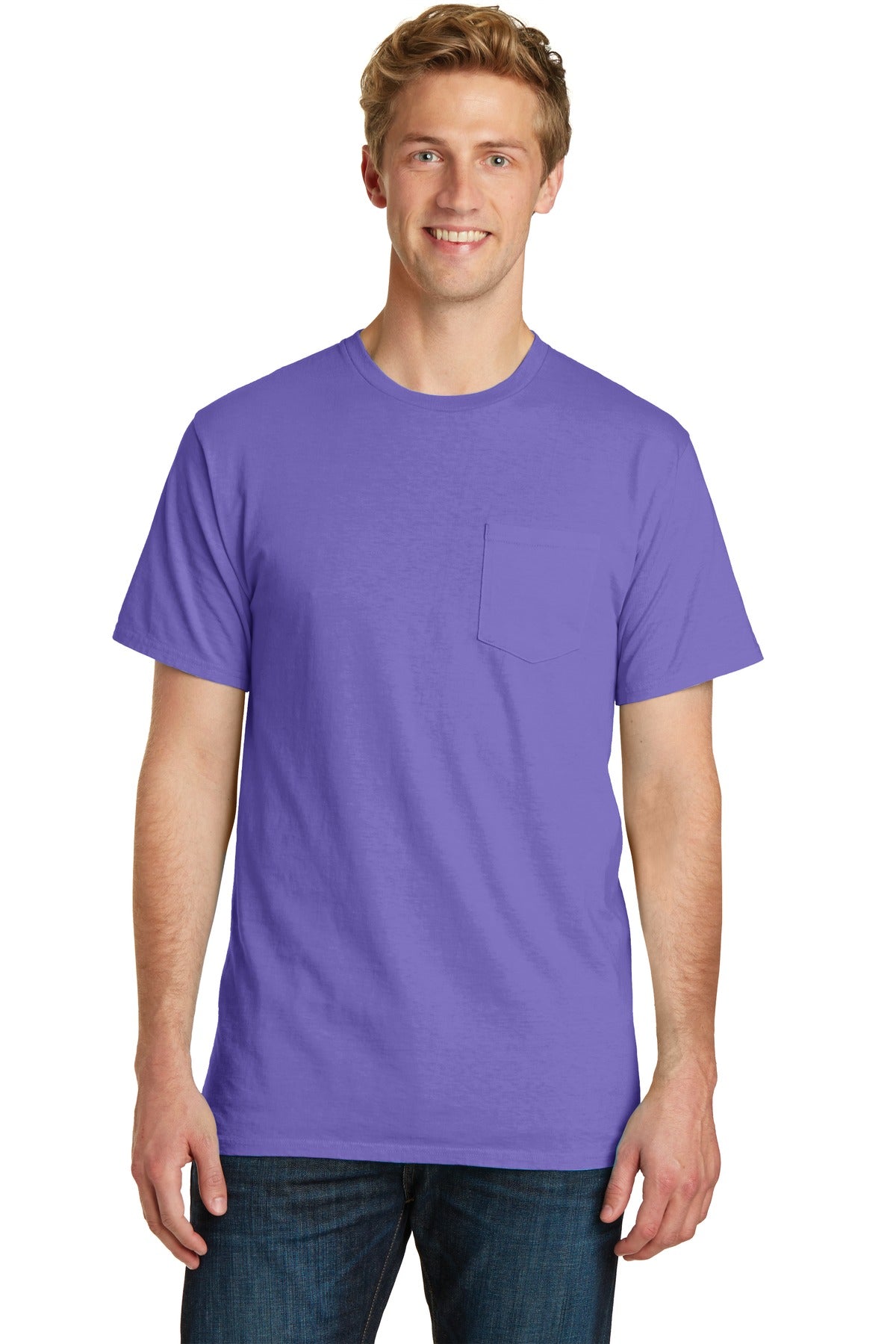 Front View of Amethyst Port & Company Beach Wash Garment-Dyed Pocket Tee. PC099P