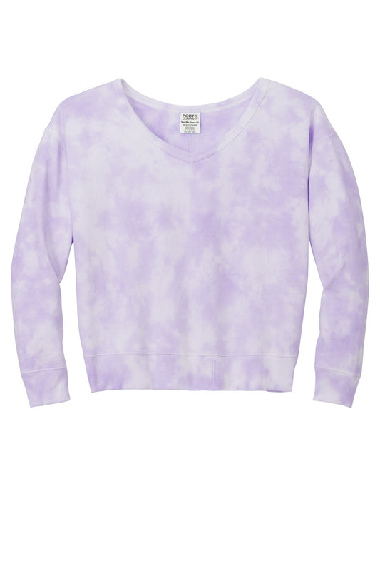 Front View of Amethyst Port & Company Women's Beach Wash Cloud Tie-Dye V-Neck Sweatshirt LPC140V