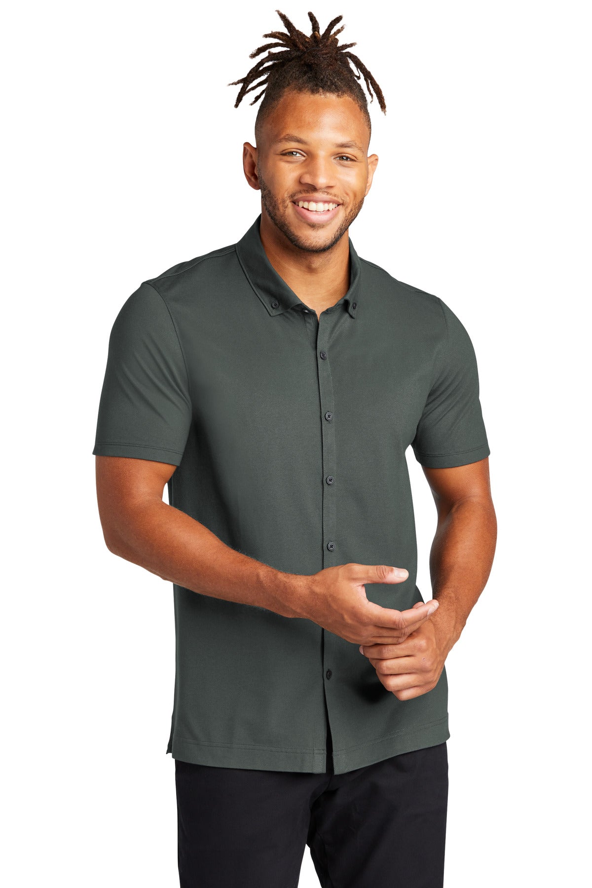 Front View of AnchorGrey Mercer+Mettle Stretch Pique Full-Button Polo MM1006