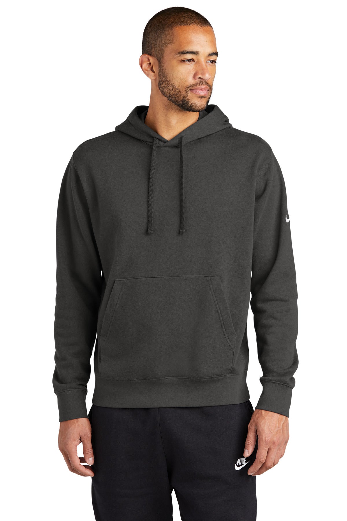 Front View of Anthracite Nike Club Fleece Sleeve Swoosh Pullover Hoodie NKDR1499