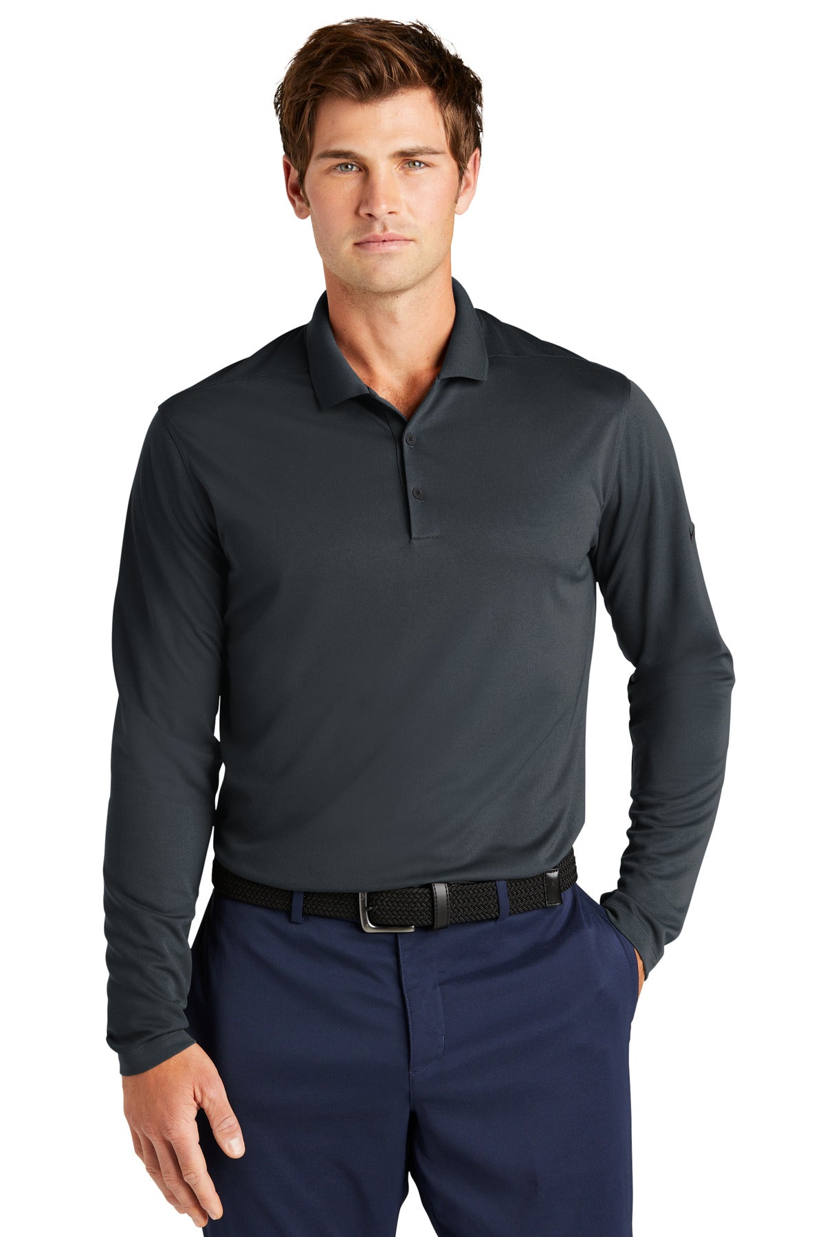 Front View of Anthracite Nike Dri-FIT Micro Pique 2.0 Long Sleeve Polo NKDC2104