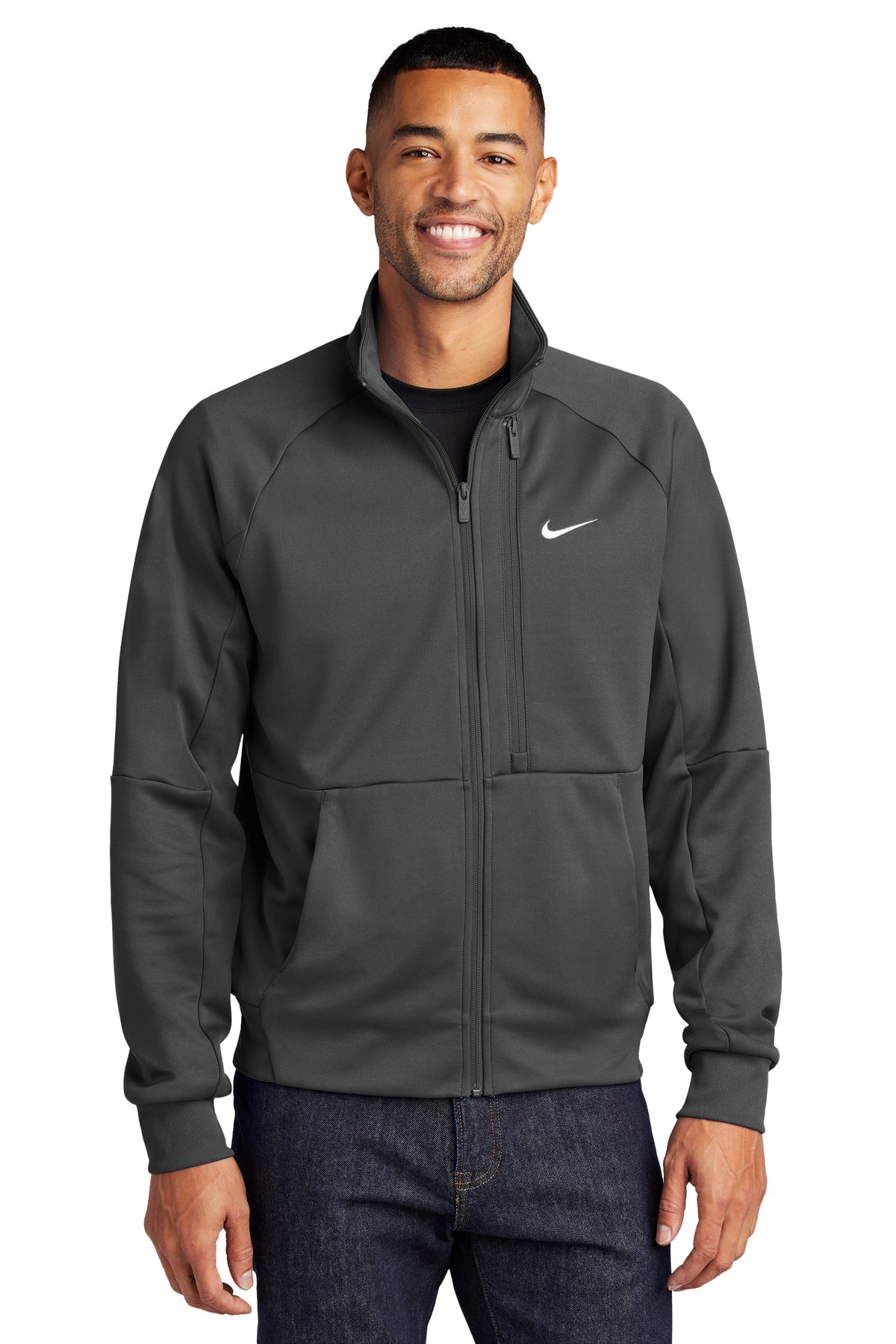 Front View of Anthracite Nike Full-Zip Chest Swoosh Jacket NKFD9891