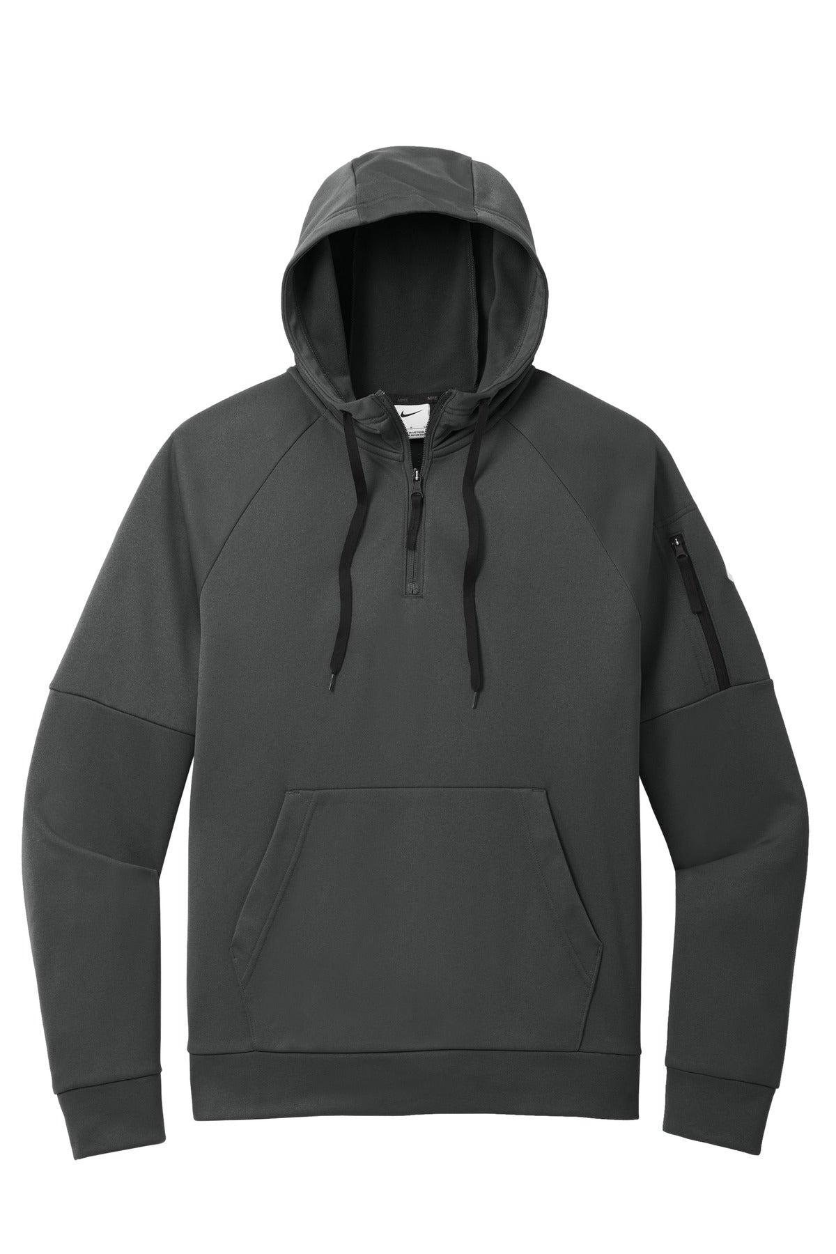 Front View of Anthracite Nike Therma-FIT Pocket 1/4-Zip Fleece Hoodie NKFD9742