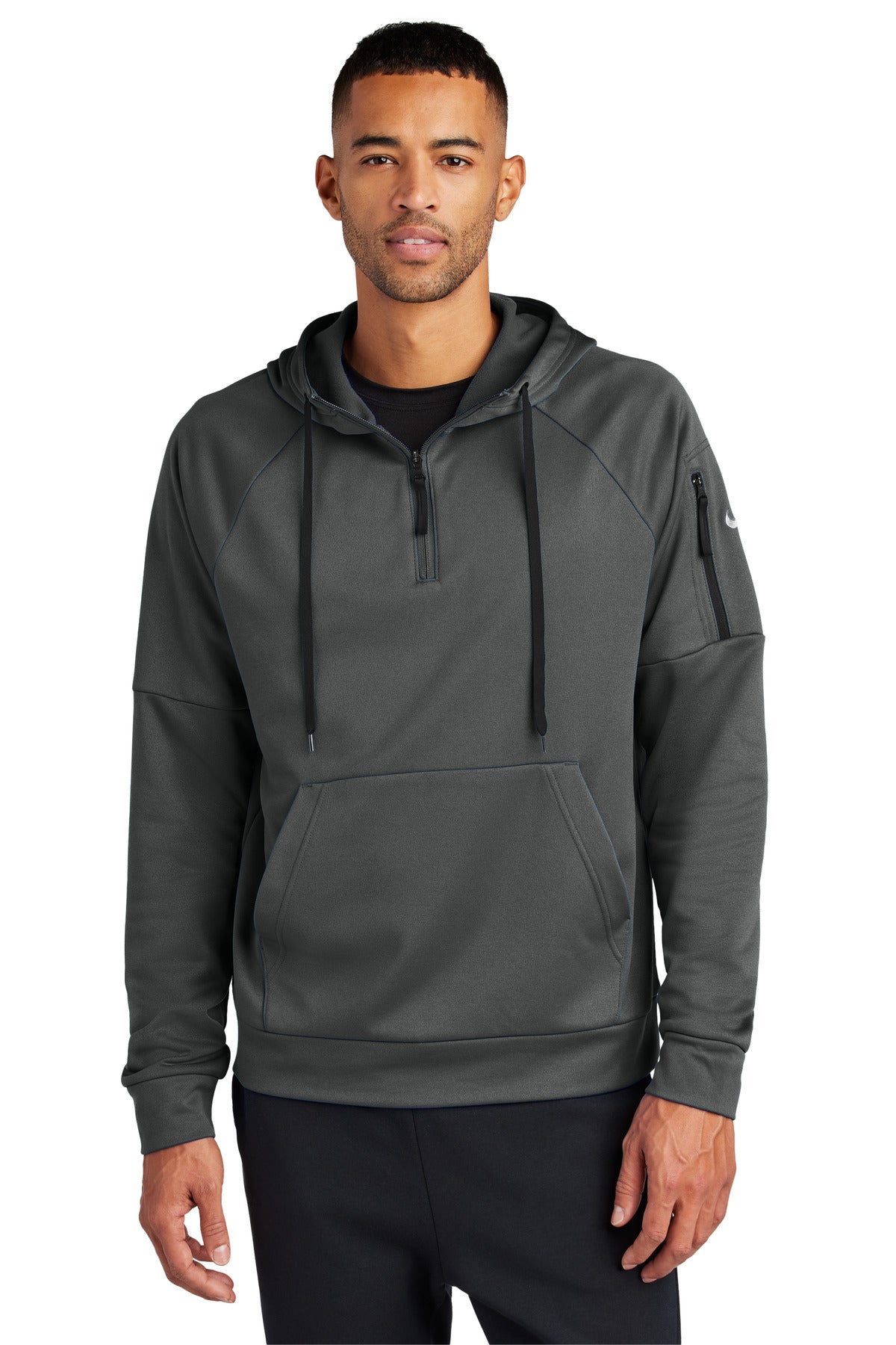 Front View of Anthracite Nike Therma-FIT Pocket 1/4-Zip Fleece Hoodie NKFD9742