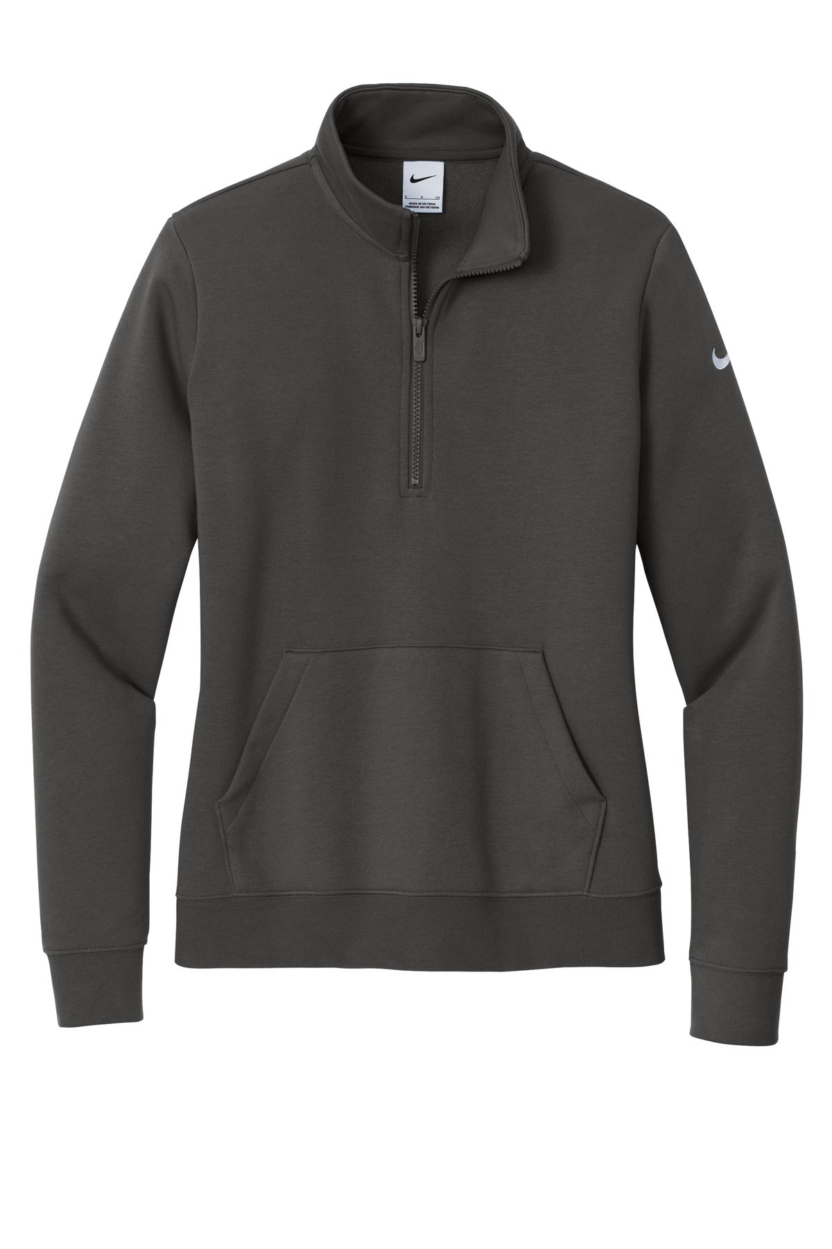 Front View of Anthracite Nike Women's Club Fleece Sleeve Swoosh 1/2-Zip NKDX6720