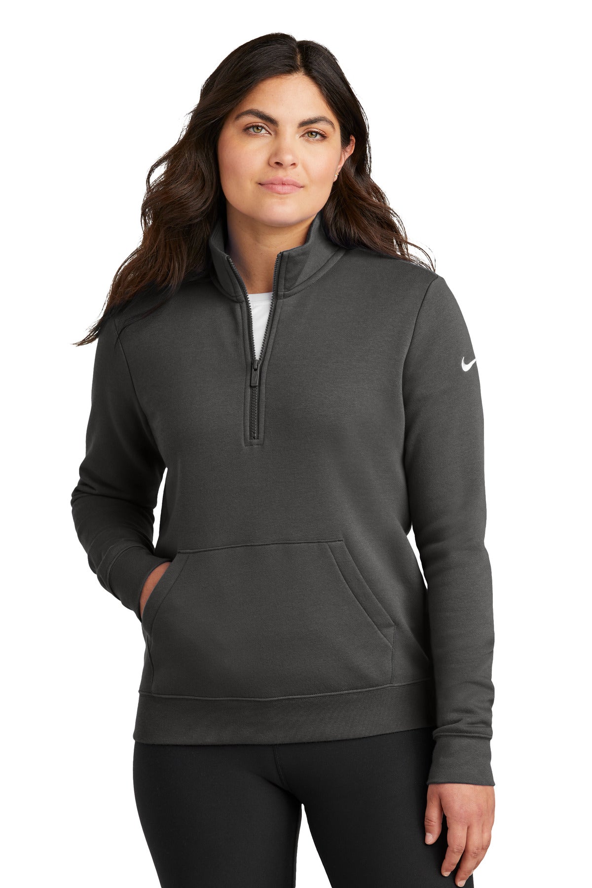 Front View of Anthracite Nike Women's Club Fleece Sleeve Swoosh 1/2-Zip NKDX6720