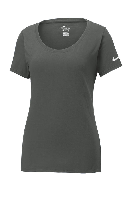 Front View of Anthracite Nike Women's Dri-FIT Cotton/Poly Scoop Neck Tee. NKBQ5234