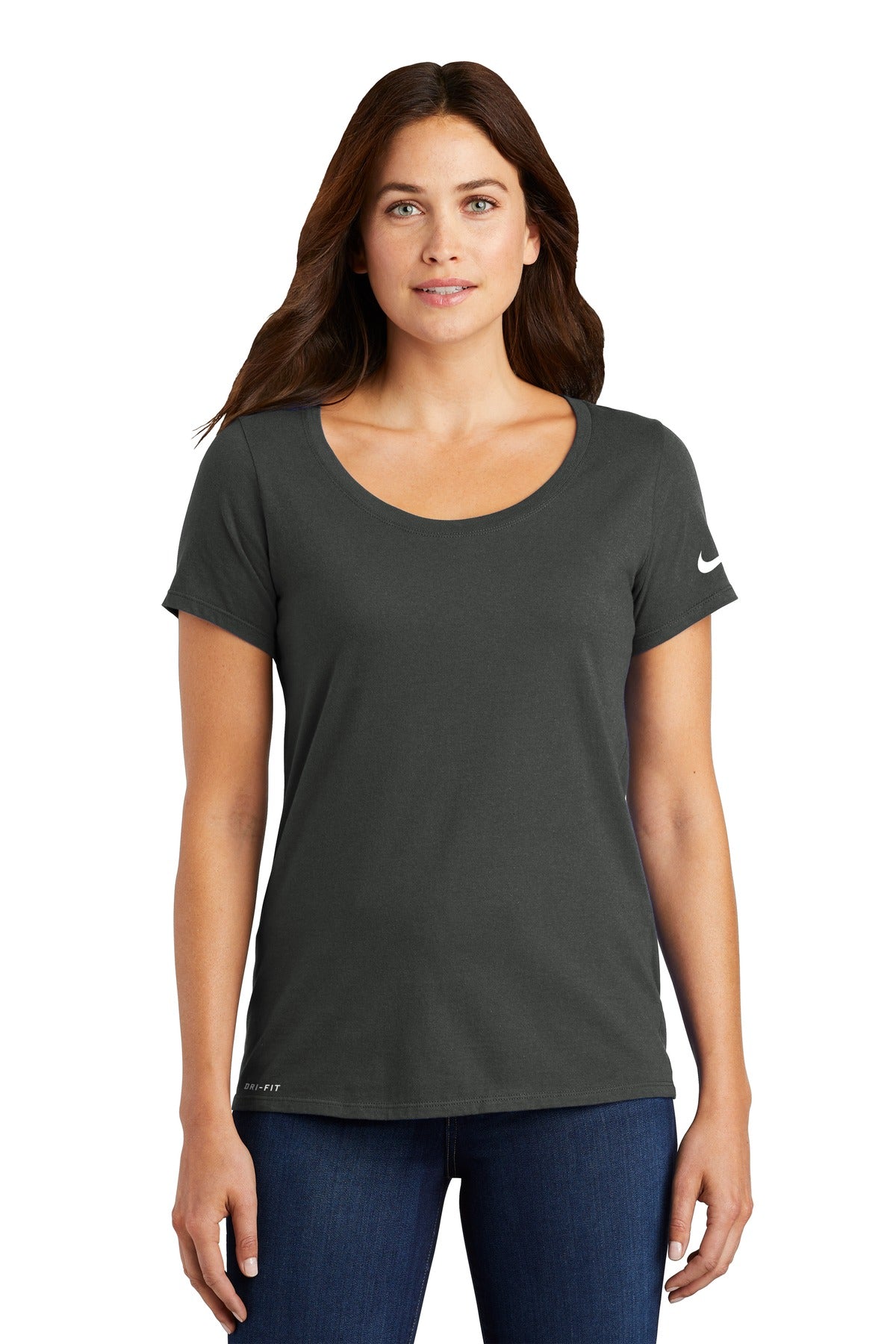 Front View of Anthracite Nike Women's Dri-FIT Cotton/Poly Scoop Neck Tee. NKBQ5234