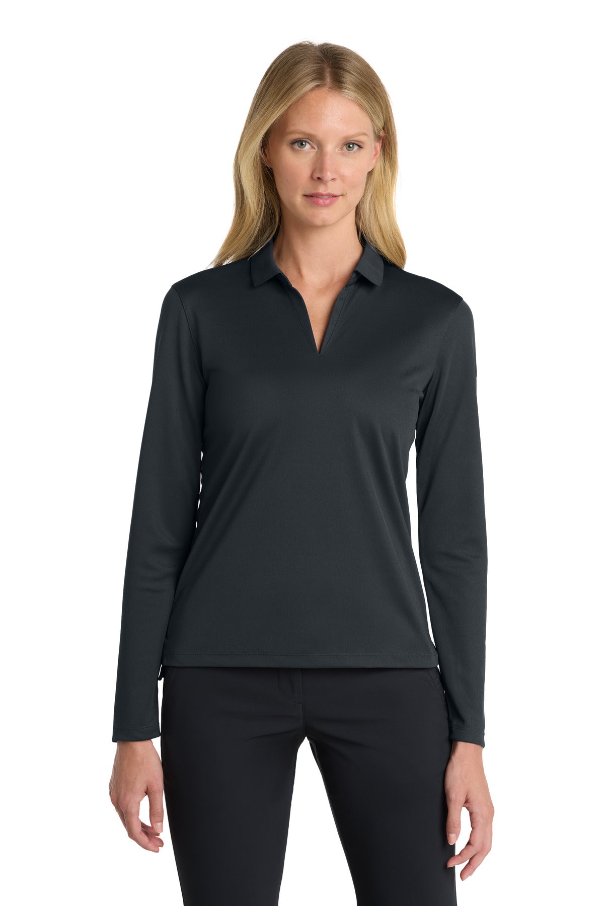 Front View of Anthracite Nike Women's Dri-FIT Micro Pique 2.0 Long Sleeve Polo NKDC2105