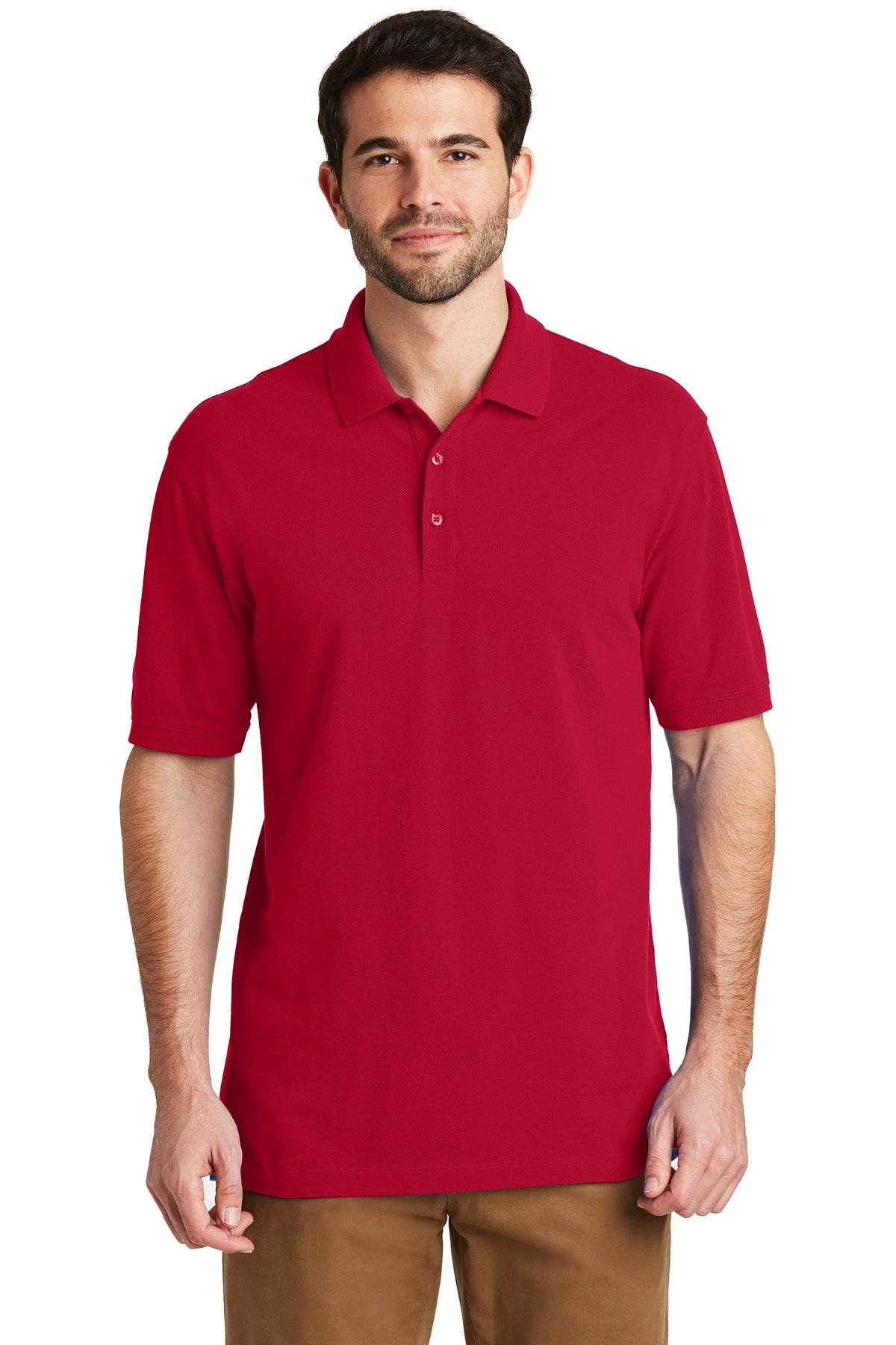 Front View of Apple Red Port Authority EZCotton Polo. K8000