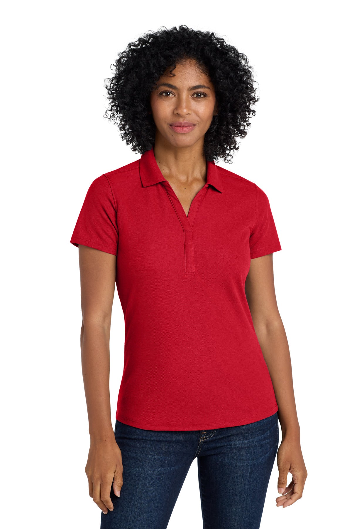 Front View of Apple Red Port Authority Women's EZPerformance Pique Polo. LK600