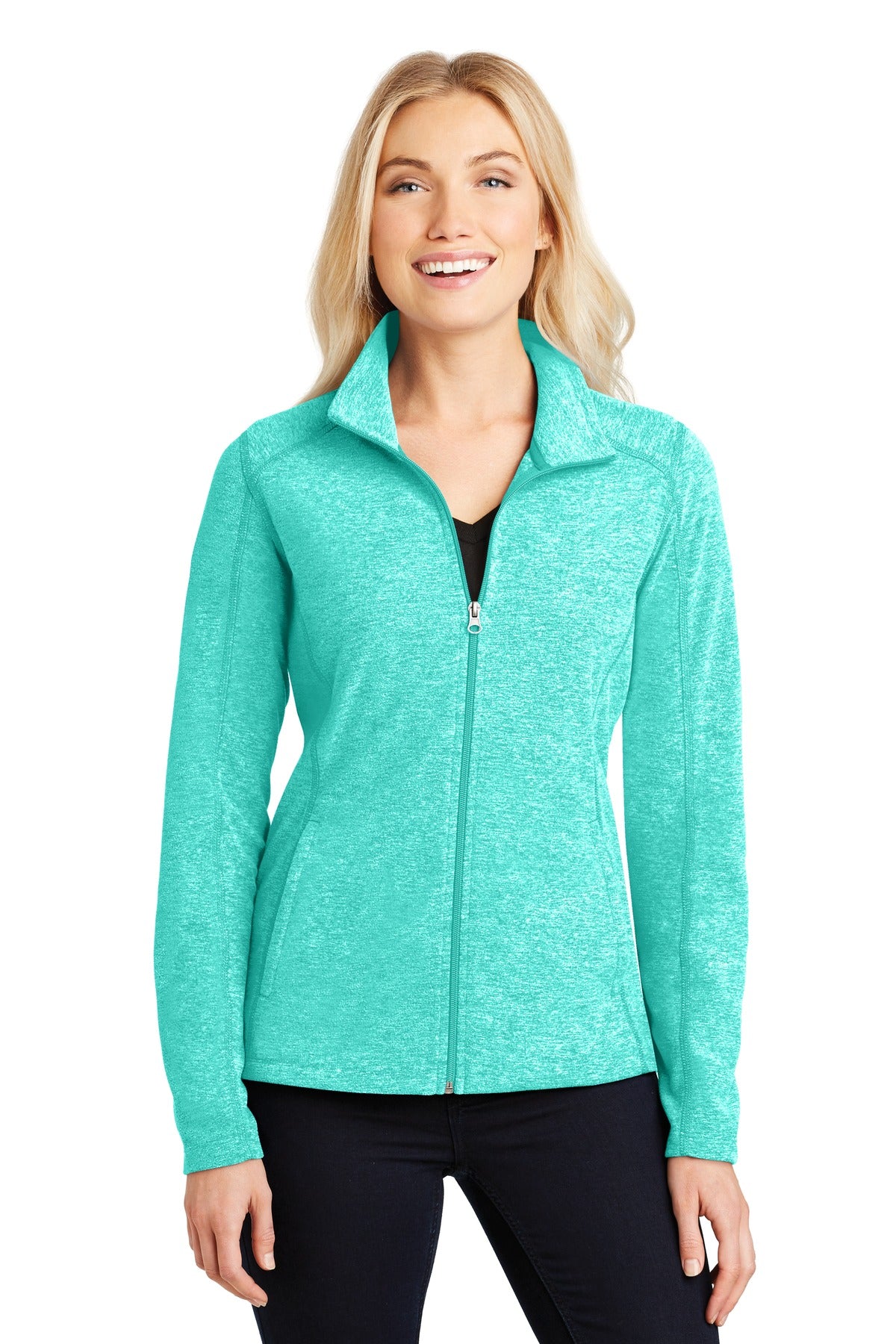 Front View of Aqua Green Hea Port Authority Women's Heather Microfleece Full-Zip Jacket. L235