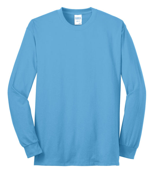 Front View of Aquatic Blue Port & Company Tall Long Sleeve Core Blend Tee. PC55LST