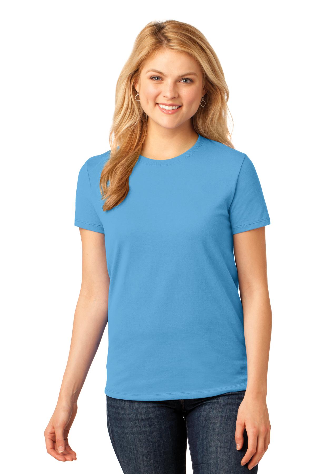 Front View of Aquatic Blue Port & Company Women's Core Cotton Tee. LPC54