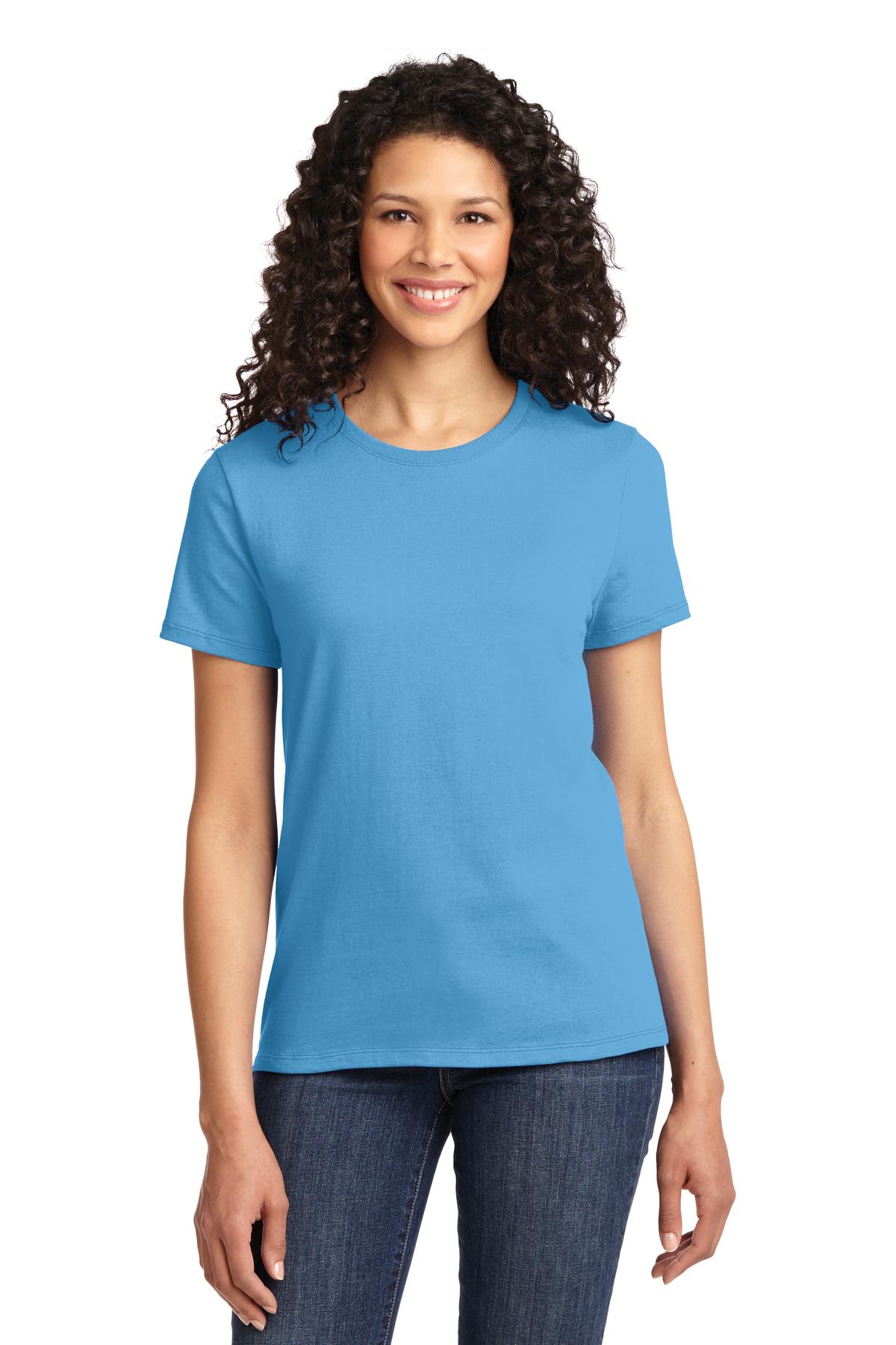 Front View of Aquatic Blue Port & Company Women's Essential Tee. LPC61
