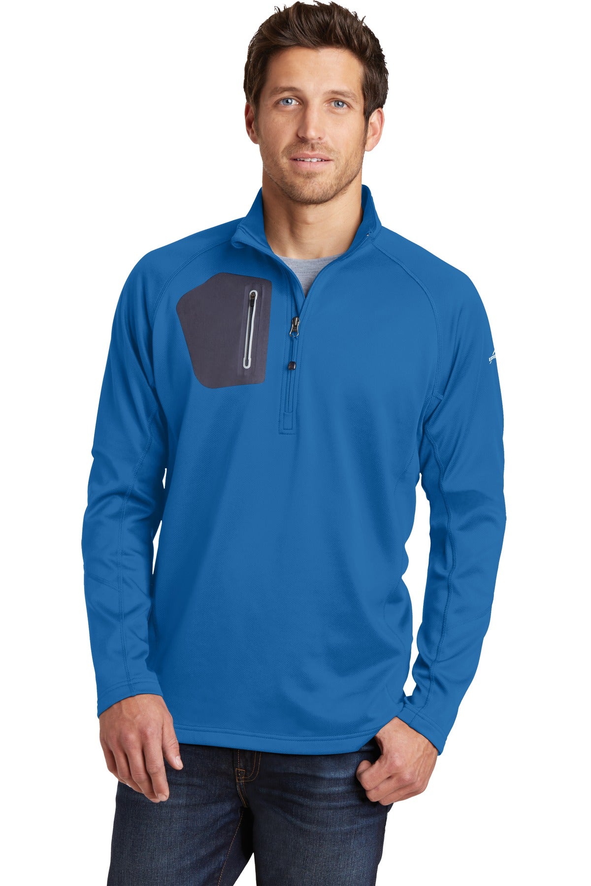 Front View of Ascent Blue Eddie Bauer 1/2-Zip Performance Fleece. EB234