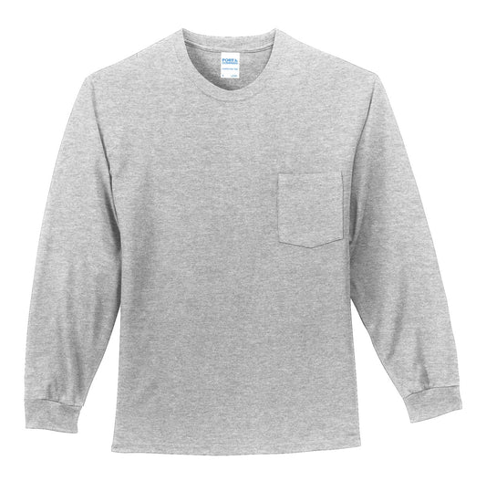 Front View of Ash Port & Company Tall Long Sleeve Essential Pocket Tee. PC61LSPT