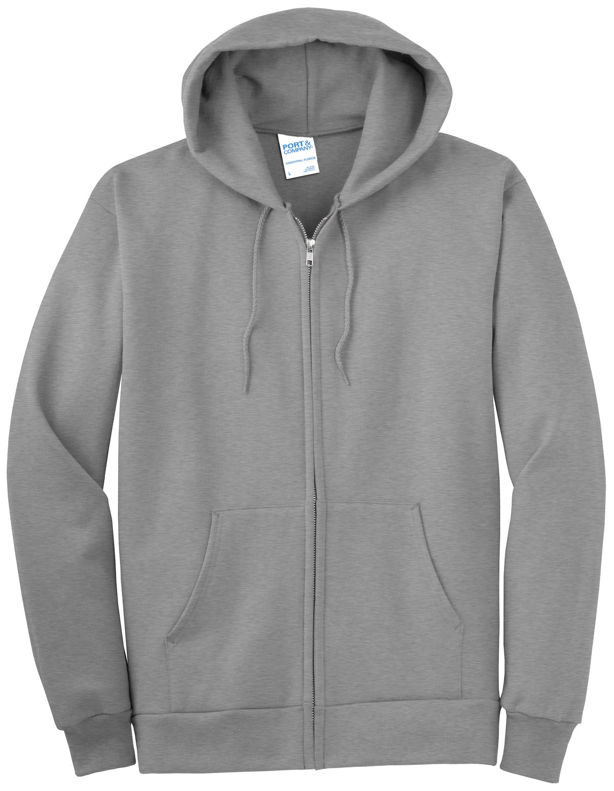Front View of Ath Heather Port & Company Essential Fleece Full-Zip Hooded Sweatshirt. PC90ZH