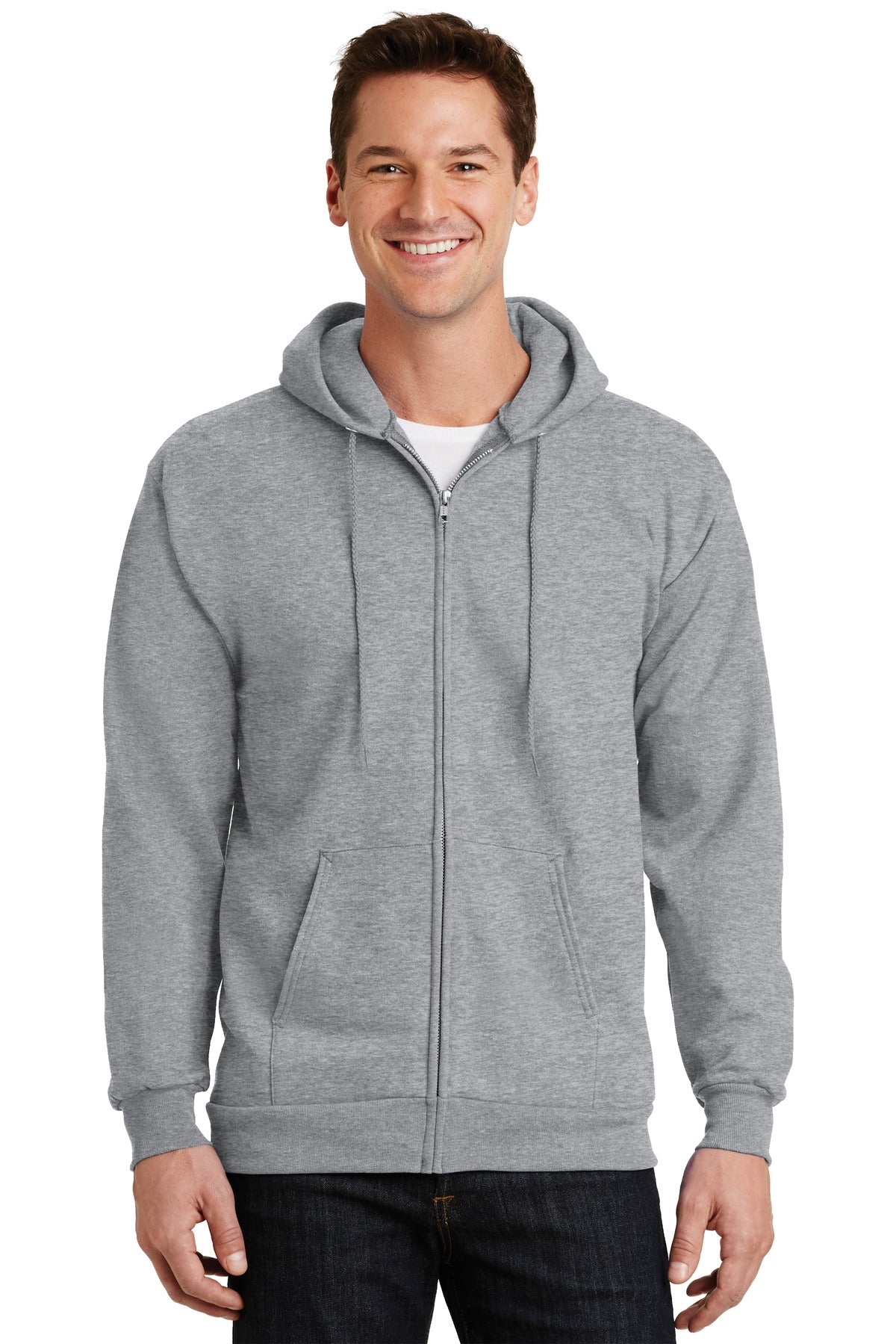 Front View of Ath Heather Port & Company Essential Fleece Full-Zip Hooded Sweatshirt. PC90ZH