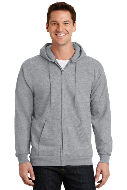 Front View of Ath Heather Port & Company Essential Fleece Full-Zip Hooded Sweatshirt. PC90ZH