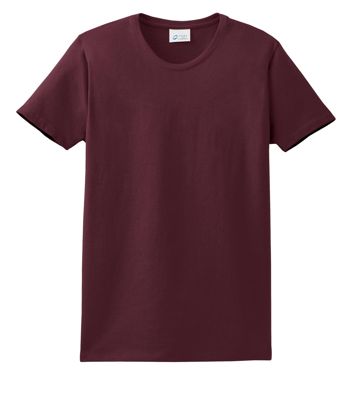 Front View of Ath Maroon Port & Company Women's Essential Tee. LPC61