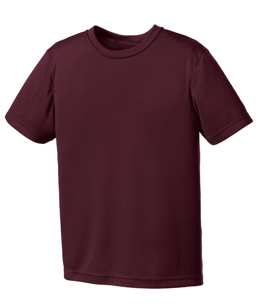 Front View of Ath Maroon Port & Company Youth Performance Tee. PC380Y