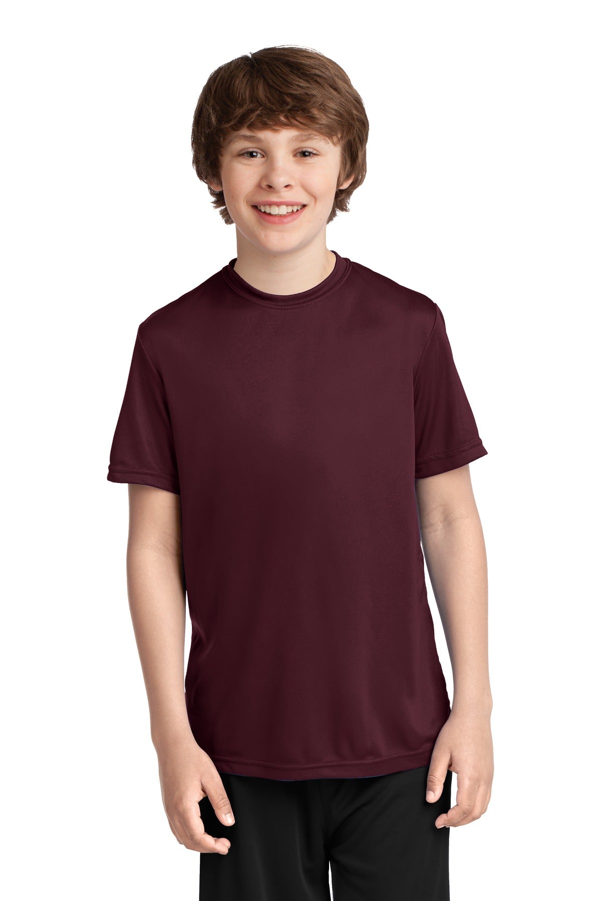Front View of Ath Maroon Port & Company Youth Performance Tee. PC380Y