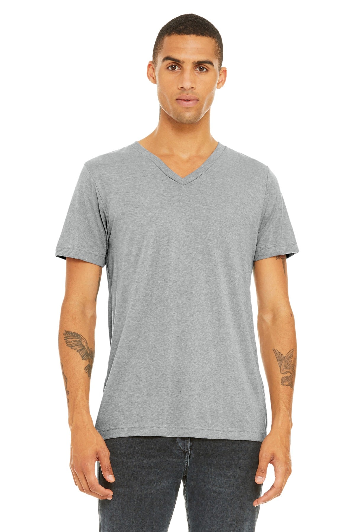 Front View of Athl Grey TB BELLA+CANVAS Unisex Triblend Short Sleeve V-Neck Te. BC3415